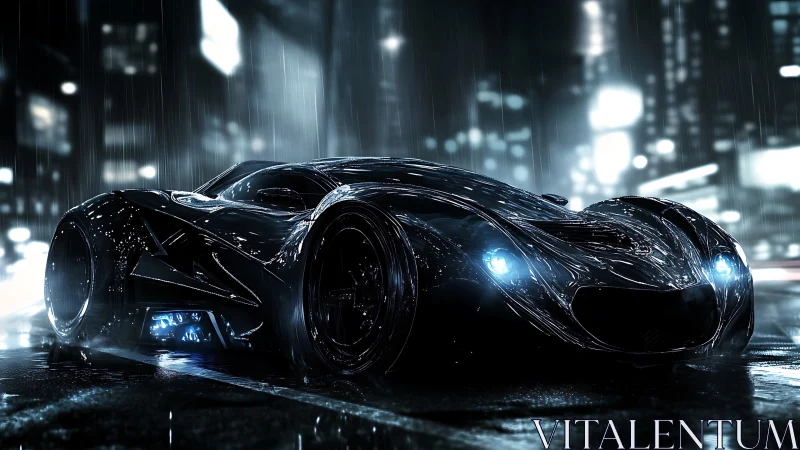 Futuristic black hypercar glows in neon drenched night rain.