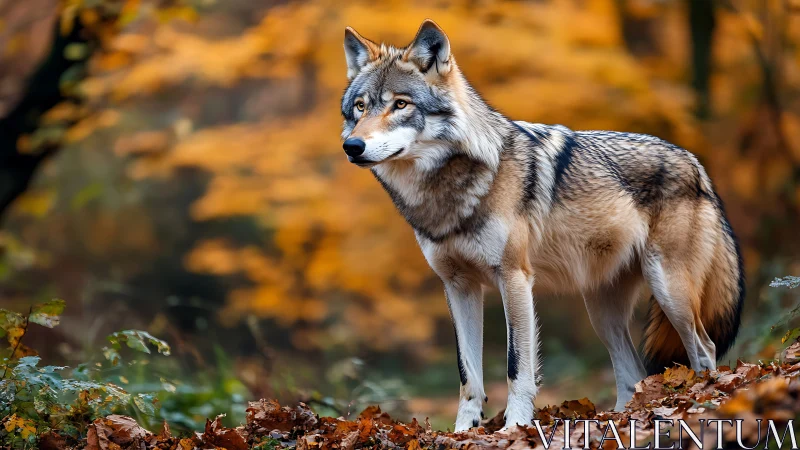 Autumn-hued wolf portrait in shallow depth-of-field woodland.