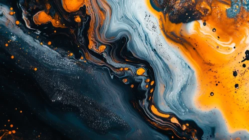 Molten orange and teal fluid abstraction forms dynamic currents