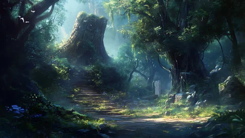 Luminous Pathways Through Enchanted Ancient Forest.