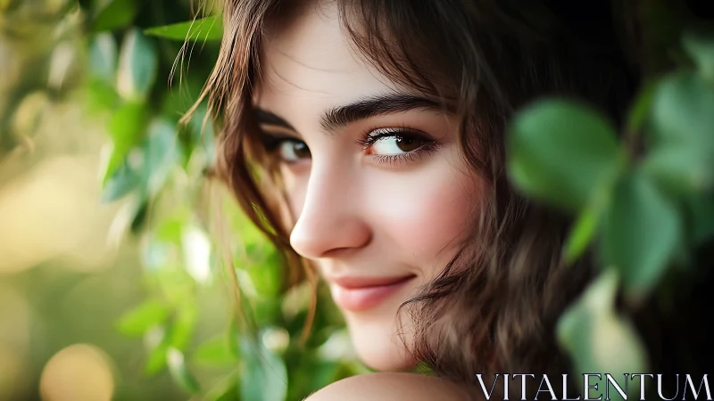 Softly smiling woman framed by lush green garden leaves.