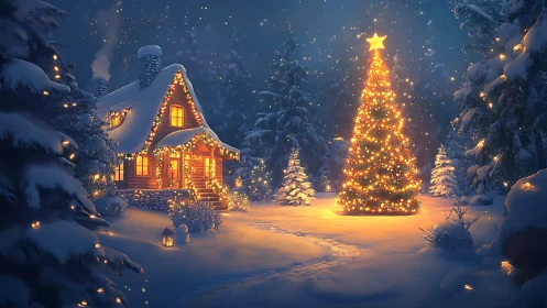 Snowlit Christmas cottage with glowing decorated tree at dusk.