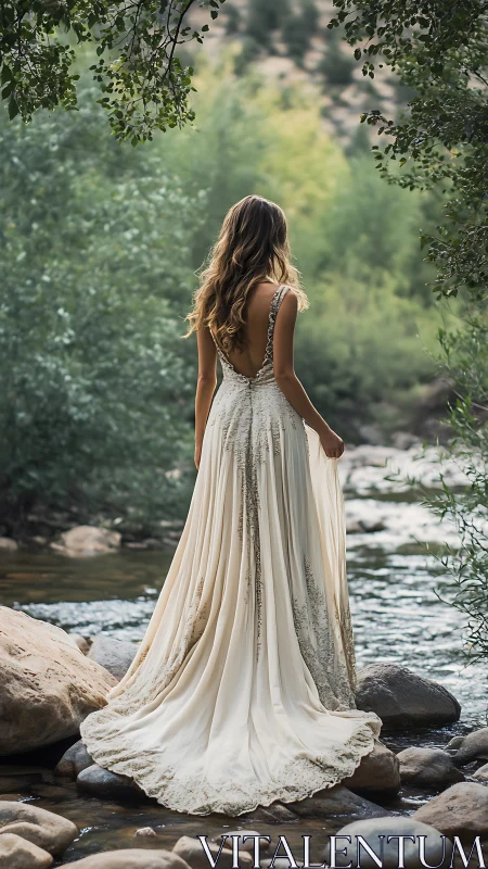 Backlit bridal silhouette in riparian canyon environment.