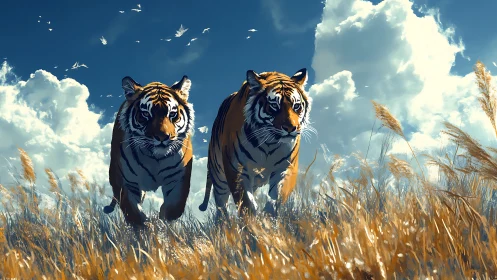 Two Tigers Running Through Golden Grassland Sky