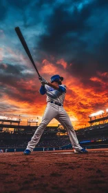Sunset stadium power swing under dramatic burning sky.