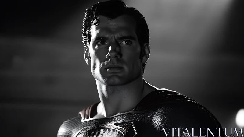 Heroic monochrome superhero portrait captures stoic resolve