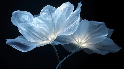 Ethereal Blue Flowers Glowing Against Darkness.