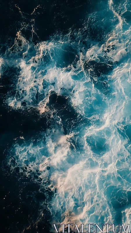 Ocean surface shows turbulent foamy waves in overhead view