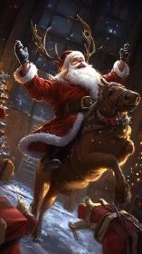 Santa rides a jubilant reindeer amid whirling Christmas snow