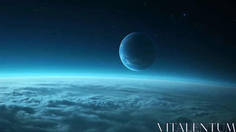 Silent blue planet drifting above a cloudlit cosmic sea.