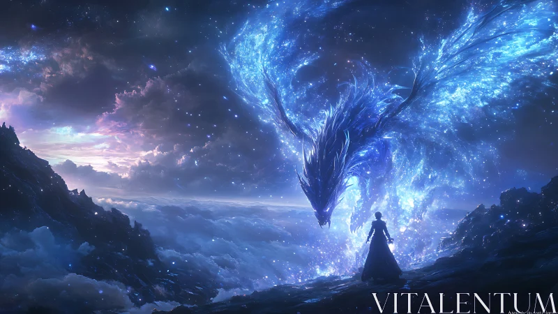 Celestial dragon made of starlight confronts lone robed figure