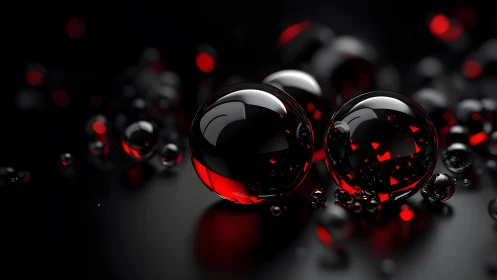 Glossy red and black spheres rest on a dark reflective surface