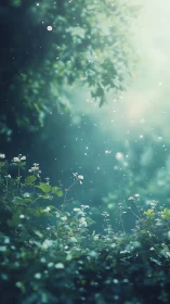 Luminous botanical scene with defocused particles and layered depth.