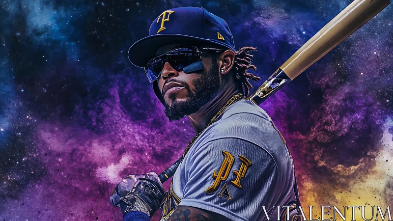 Starlit slugger poised in cosmic nebula of electric color.