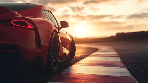 Sunlit sports car hugs glowing racetrack curve at dusk.