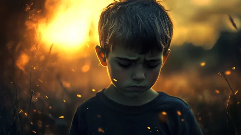 Young boy in dim field with strong sunset backlighting.
