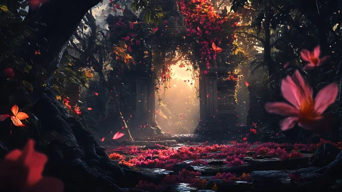 Blossom gate of the forgotten jungle, glowing with myths.
