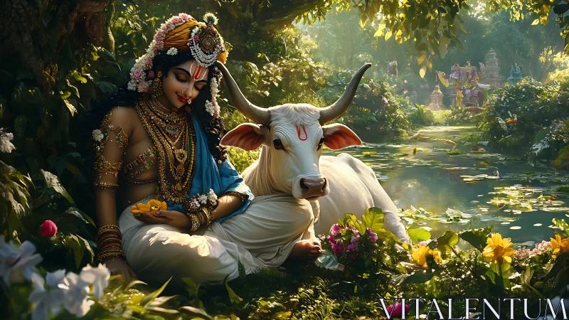 Seated adorned figure rests beside white cow near pond
