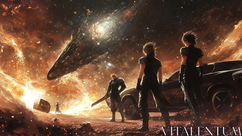 Four armed figures observe descending spacecraft in fiery sky