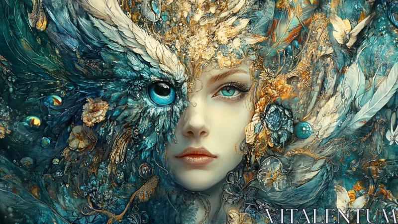 Mythic woman merges with jeweled avian spirit mask