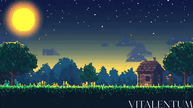 Pixel forest cabin rests beneath a tranquil moonrise sky
