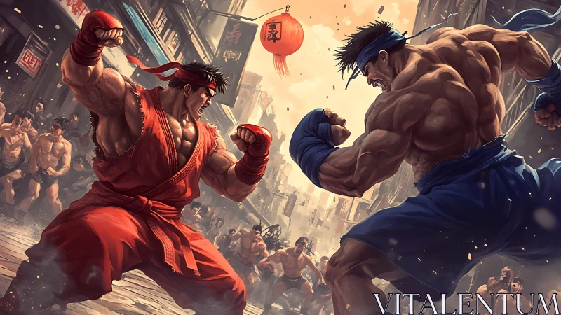Two rival street warriors clash in a dramatic marketplace showdown