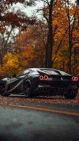 Black sports coupe is parked on a wet forest road in autumn