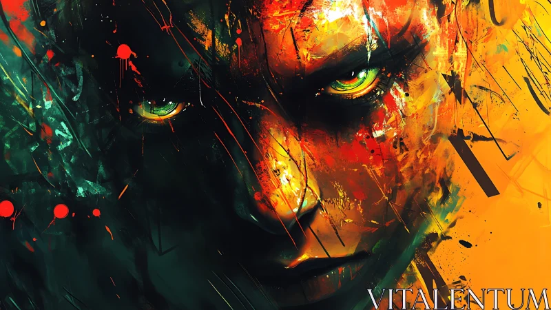 Abstract digital portrait with intense green eyes and splashes.