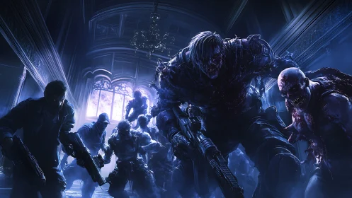 Cinematic digital painting of armed survivors vs mutant horde.