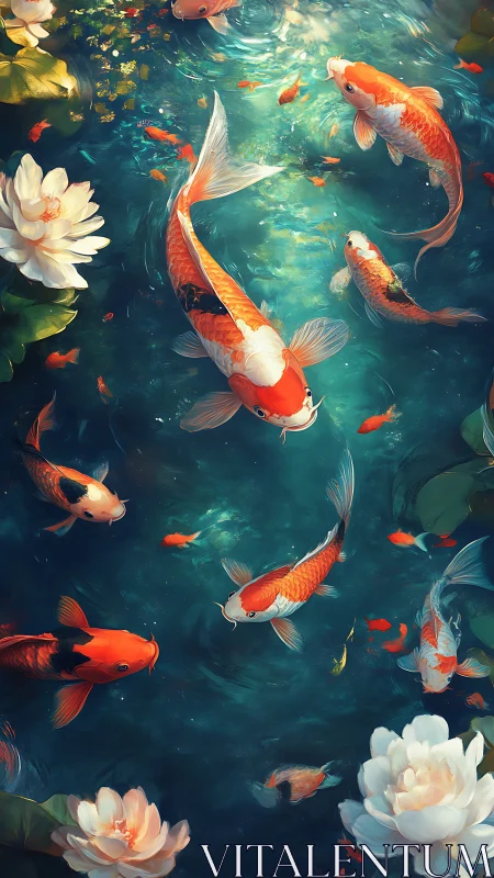 Koi lanterns drift through sapphire pond dreams at dusk.
