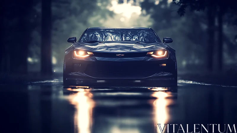 Low-angle frontal view of modern black sports coupe on wet road