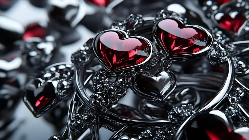 Crystalline Glass Hearts with Deep Crimson Refraction and Metallic Chrome Framework
