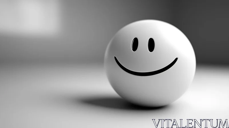 Glossy smiley sphere basking in soft grayscale calm.