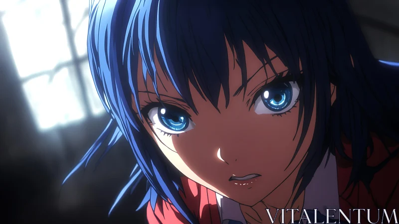 Blue haired anime girl glares with intense reflected light.