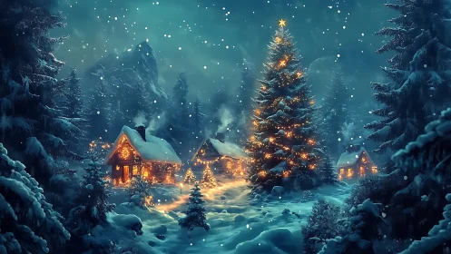 Snowy forest village glows under towering Christmas tree.