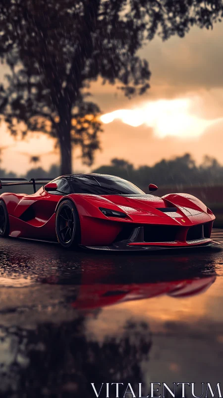 Red hypercar under stormy sunset on wet reflective track.