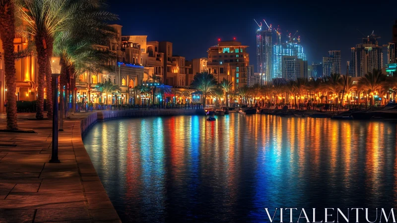 Waterfront promenade and illuminated city towers at night