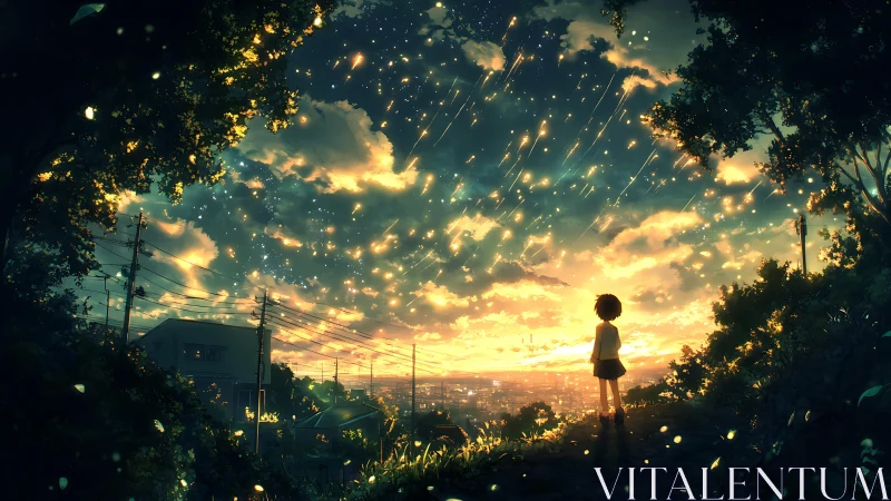 Child watching golden evening sky filled with falling stars.