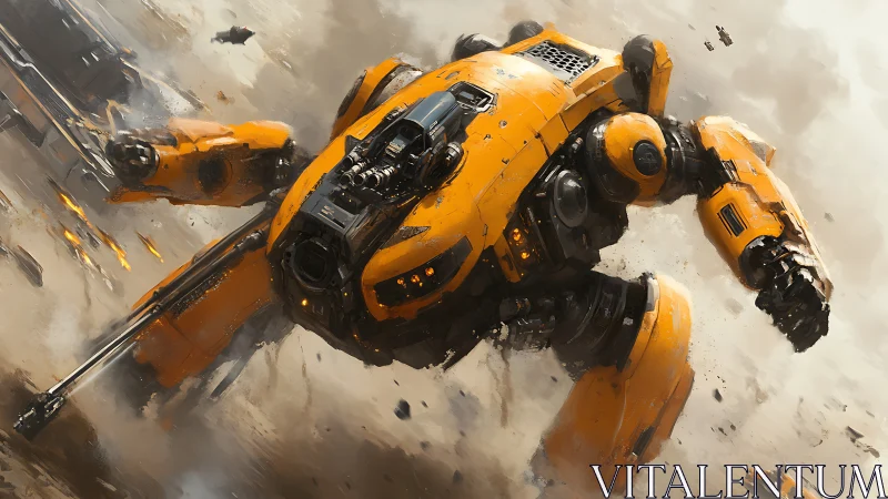 Heavily armored yellow mech executes high-velocity combat descent