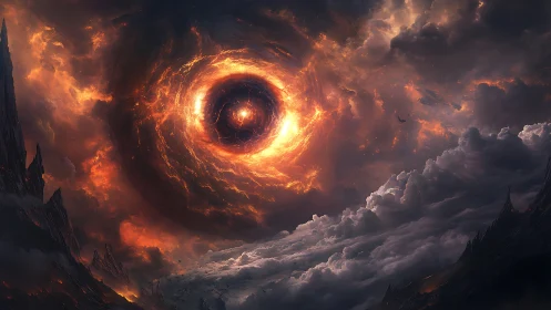 Luminous fiery vortex above rugged clouds and peaks.