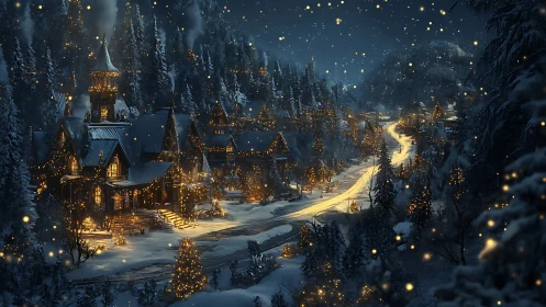 Snow covered mountain village is illuminated by warm lights