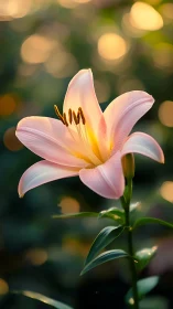 Luminous Lily: Whispered Pink Against Dancing Golden Bokeh.