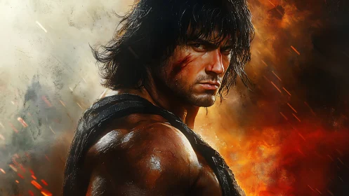 Battle-hardened warrior turning through blazing inferno.