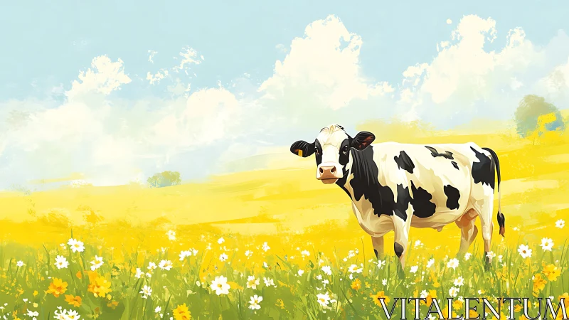 Holstein cow stands in bright yellow meadow under sky