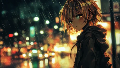 Rain-soaked anime teen amid neon city night bokeh glow.