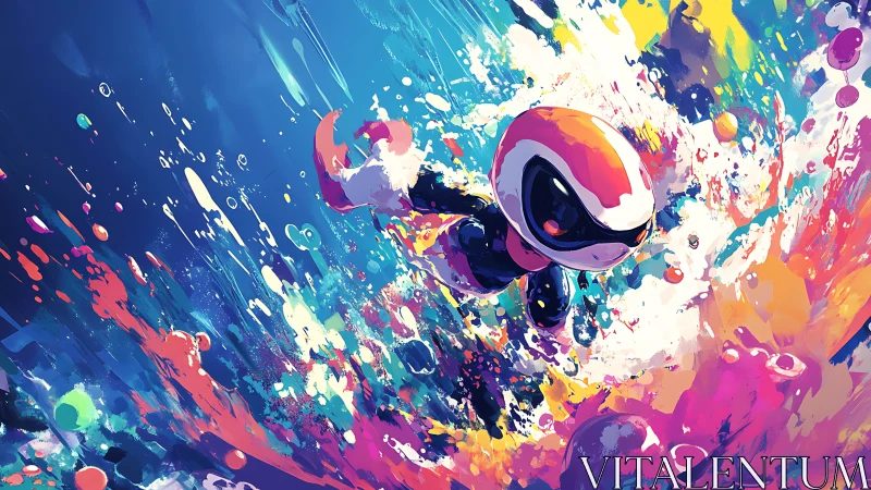 Robot diver bursts through neon paint explosion seascape.