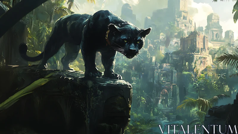Black Panther Overlooking Verdant Jungle Ruins.
