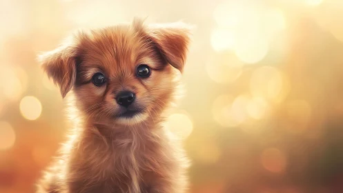 Soft-focus puppy portrait with luminous bokeh backdrop.