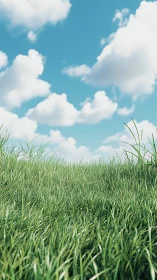 Sunny meadow of soft green grass under drifting clouds.
