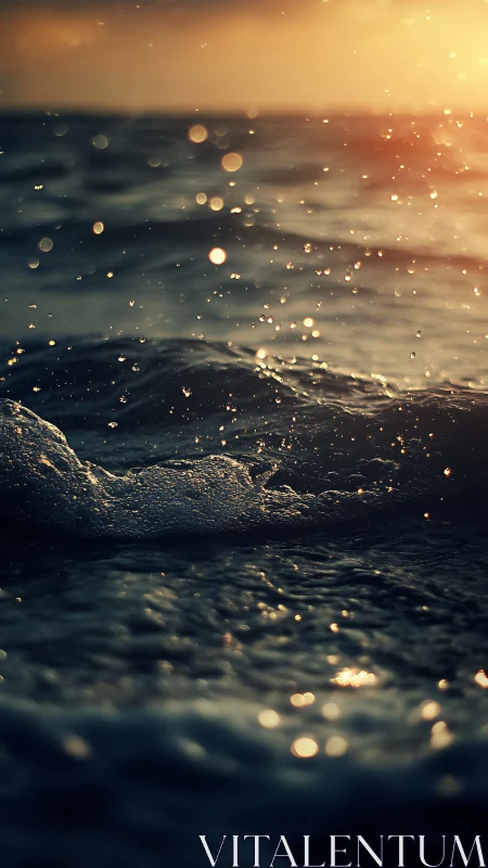 Low-angle ocean wave macro with sunlit water droplets at dusk